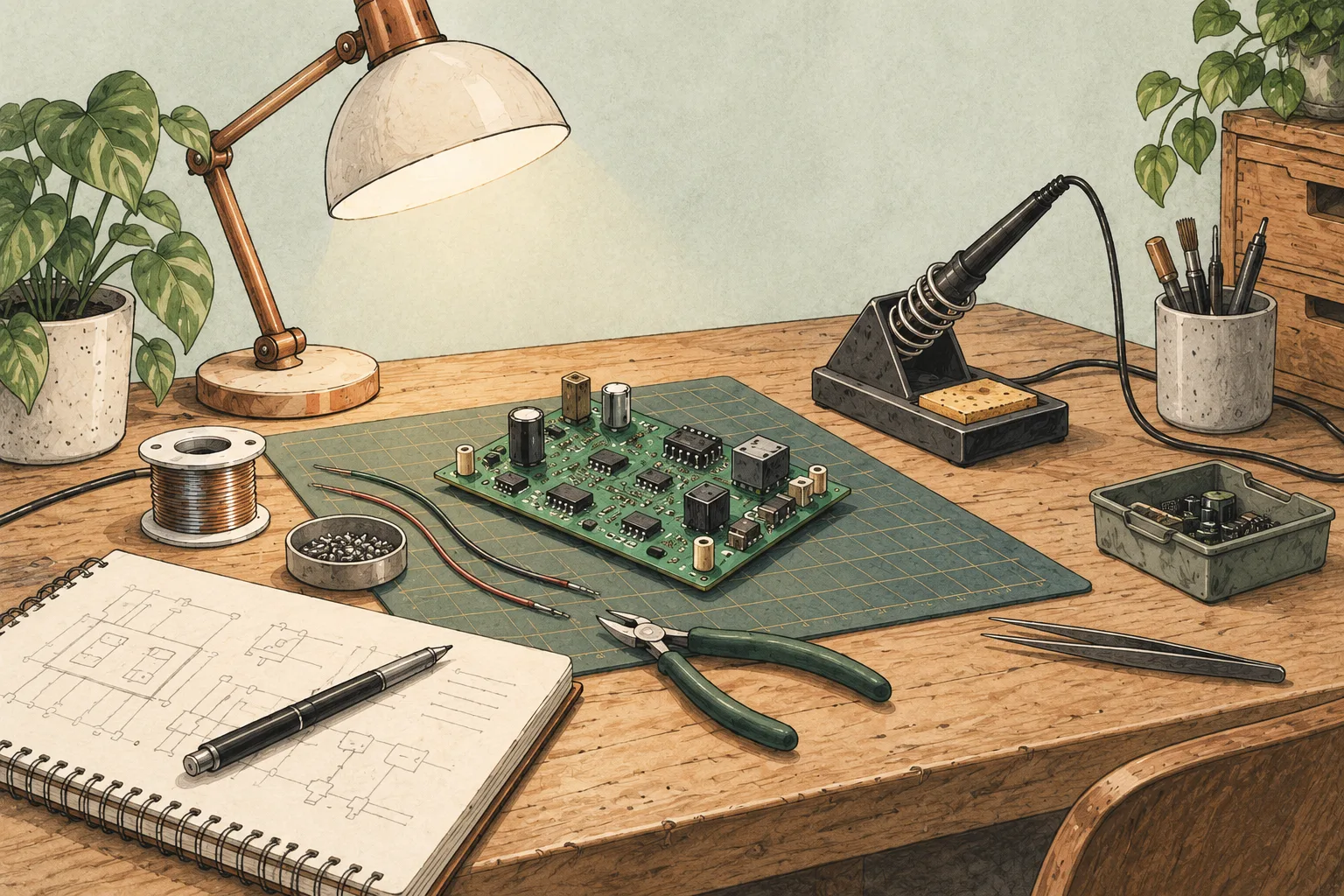 An illustrated electronics workbench with a circuit board, tools, and a notebook