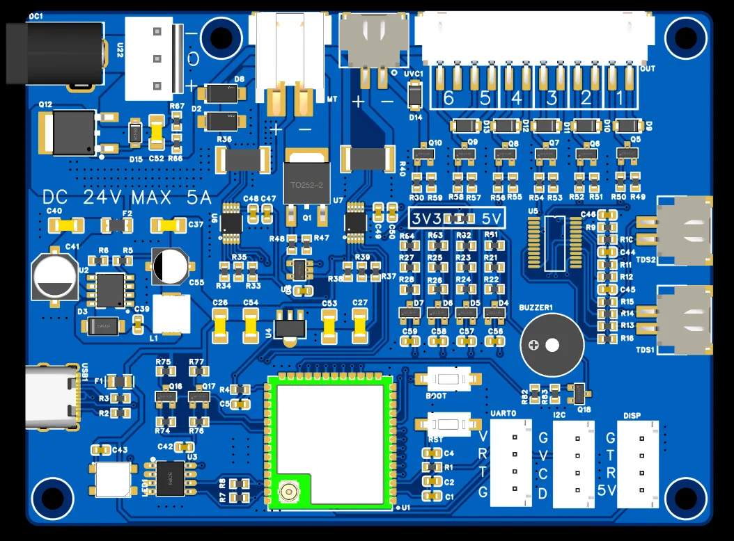 PCB design render showing the controller’s blue circuit board, connectors and electronic components.